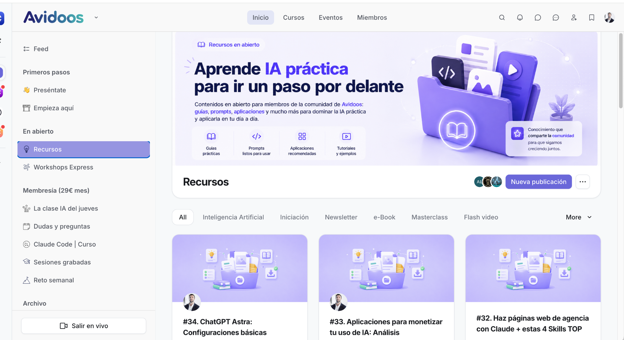 Interior de Avidoos en Circle: recursos, curso de Claude Code, clase IA del jueves y reto semanal